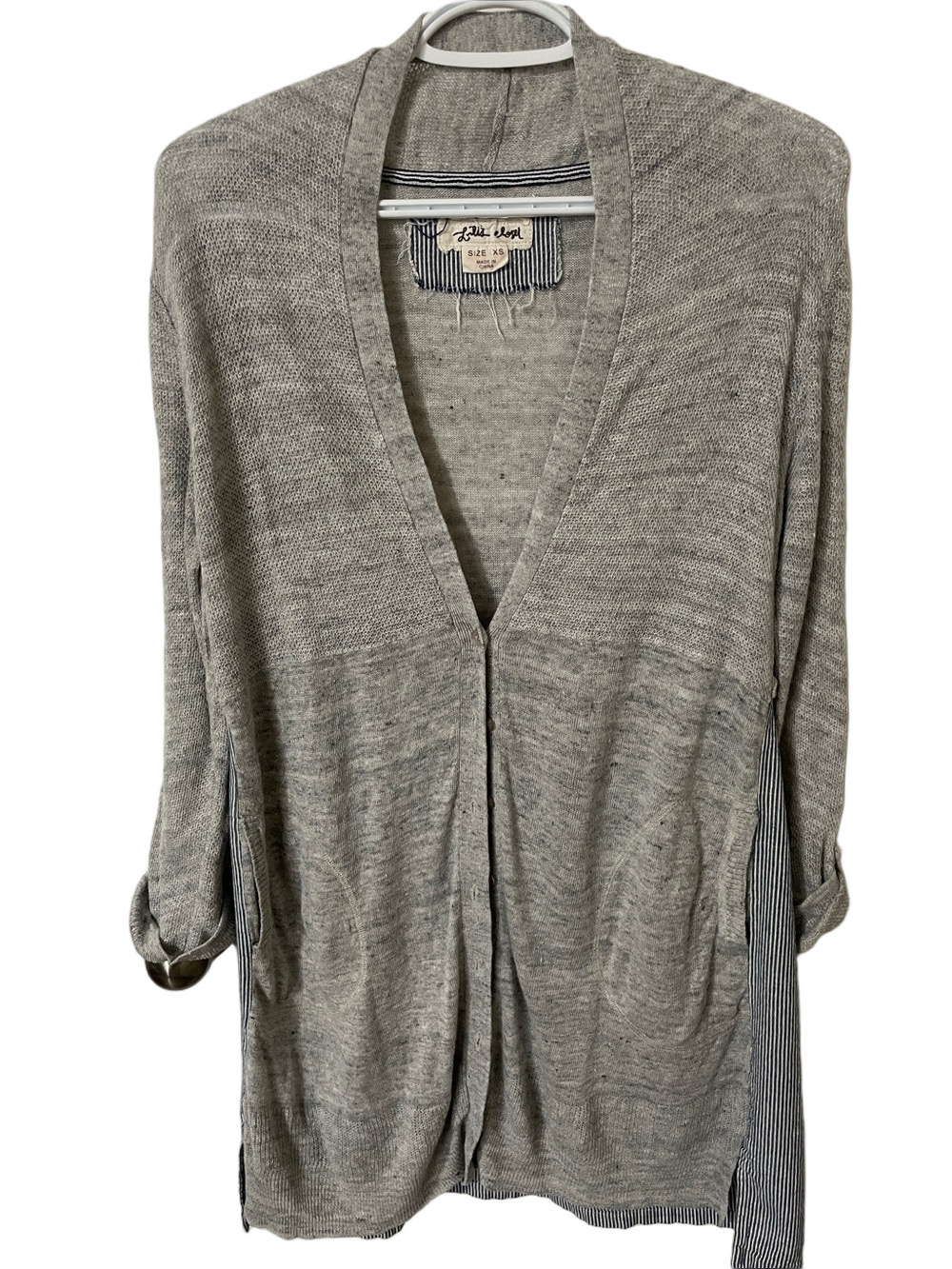 Lili’s Closet Light Grey Cardigan With Blue Striped Back Size XS